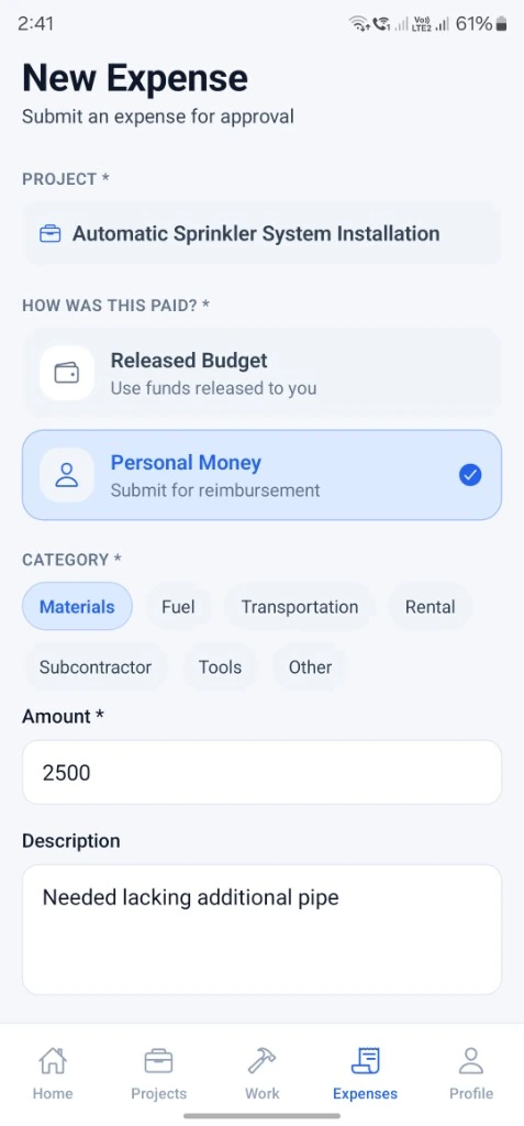 Prospeno Field App add expense screen for submitting a project expense with category, amount, and description