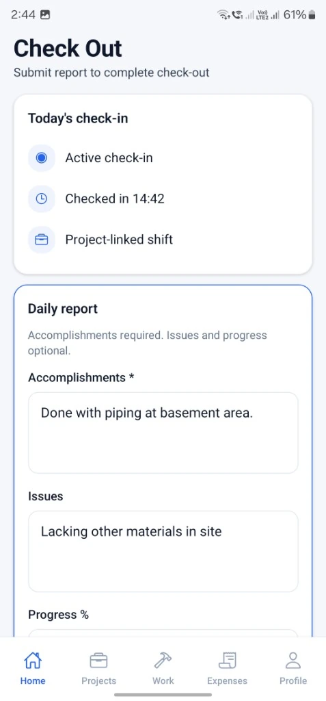 Prospeno Field App checkout report screen for submitting accomplishments and issues before check-out